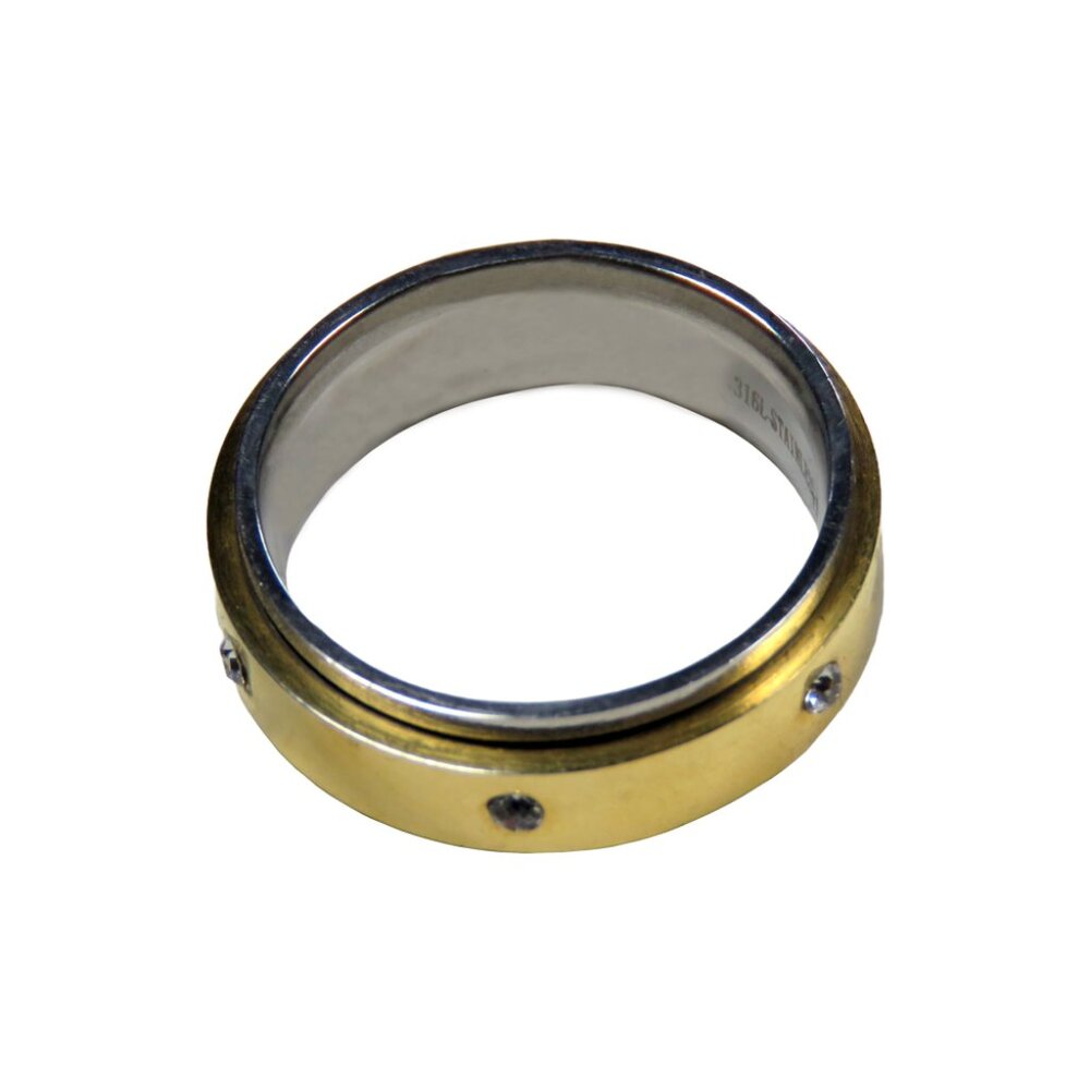 Inox Men's Polished Stainless Steel Golden Ring with Cubic Zirconia Accents